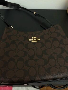 Coach Brown Signature Canvas Shoulder Saddle Bag with Black Strap